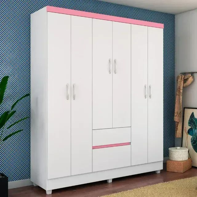Roupeiro toquio demobile 6 portas 2 gavetas branco/rosa