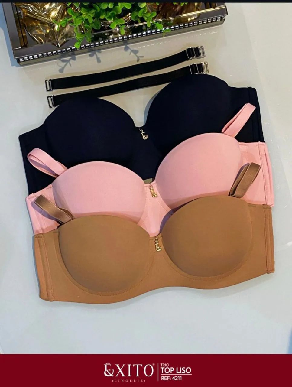 Sutiãs Top Liso - Preto, Rosa e Bege