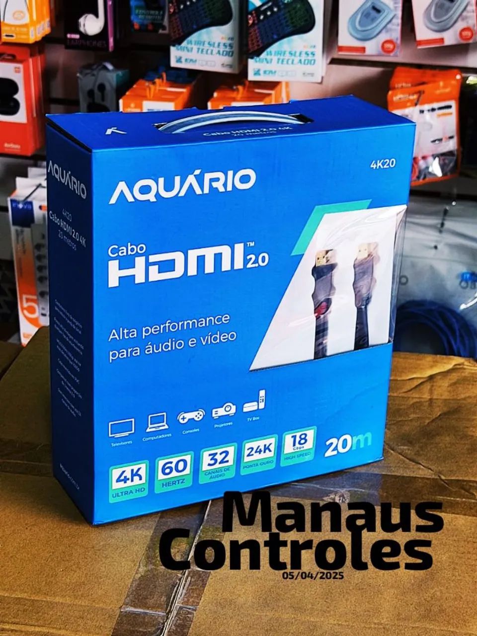 Cabo HDMI 2.0 4K 20m Aquário para Projetor datashow 