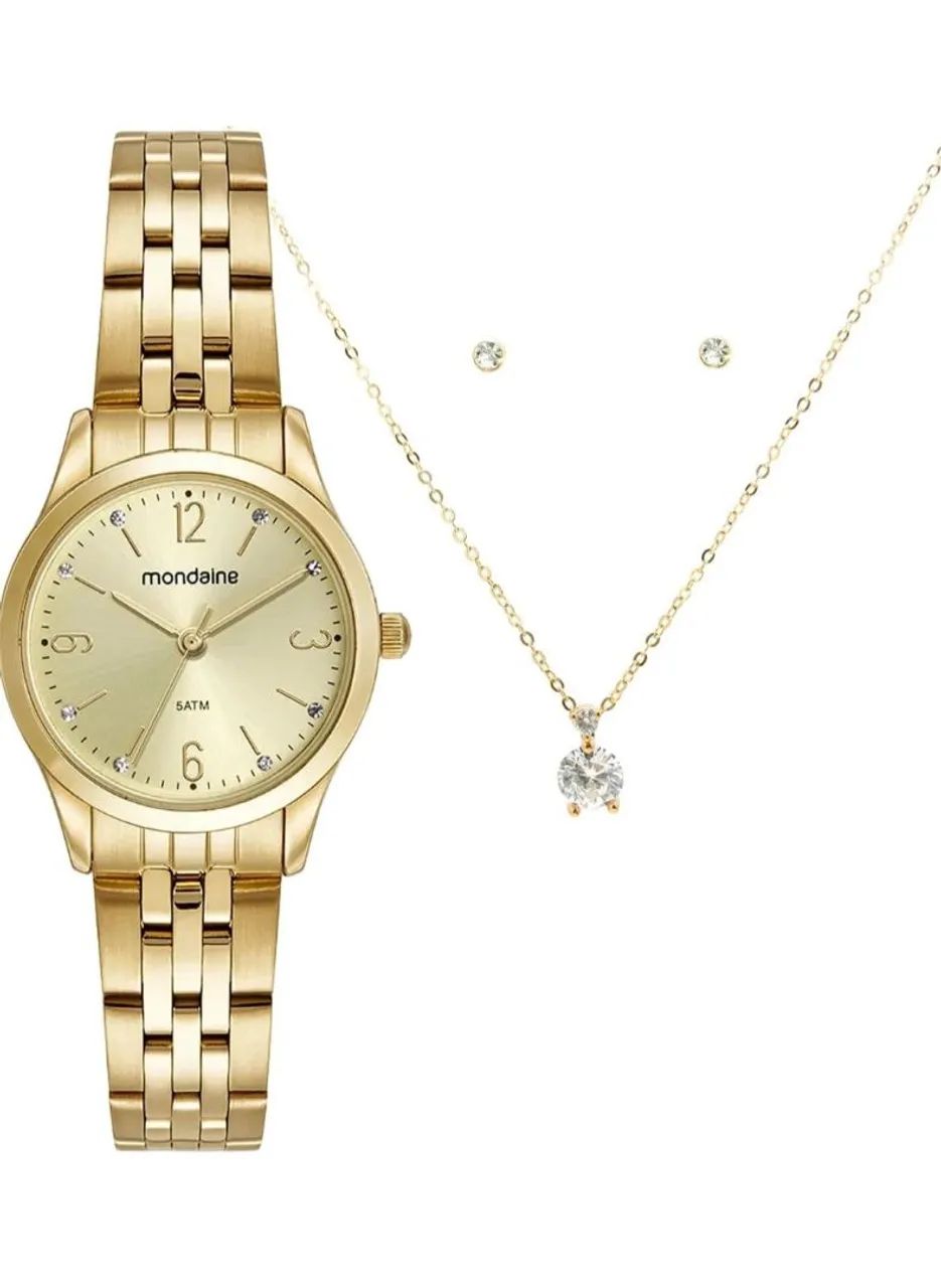 Relógio Dourado Feminino + Colar + Brincos
