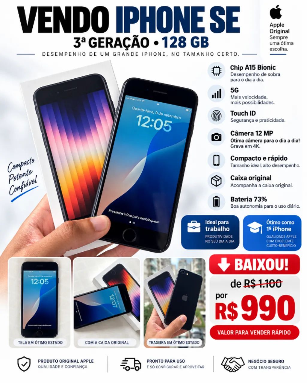 iPhone SE 3ª Geração 128GB Preto com Caixa Original
