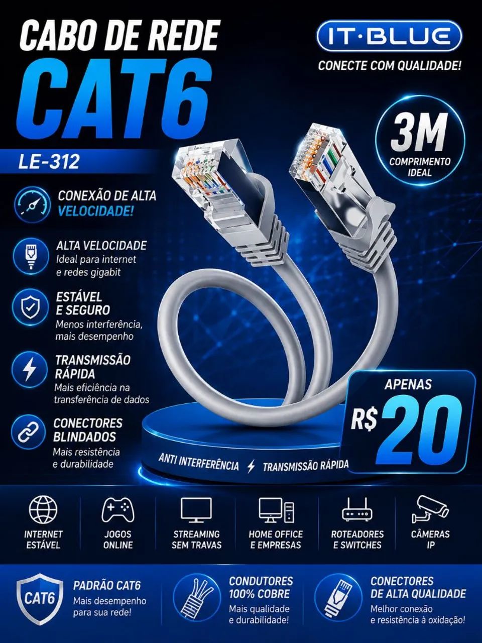 Cabo de rede cat6 3 metro 