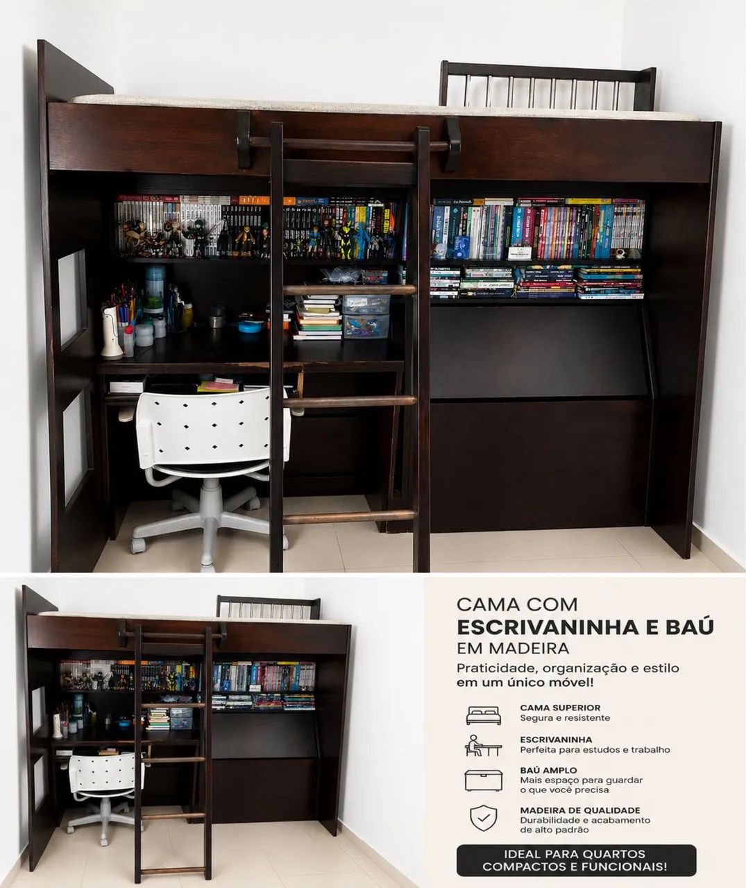 Cama solteiro com escrivaninha e baú 