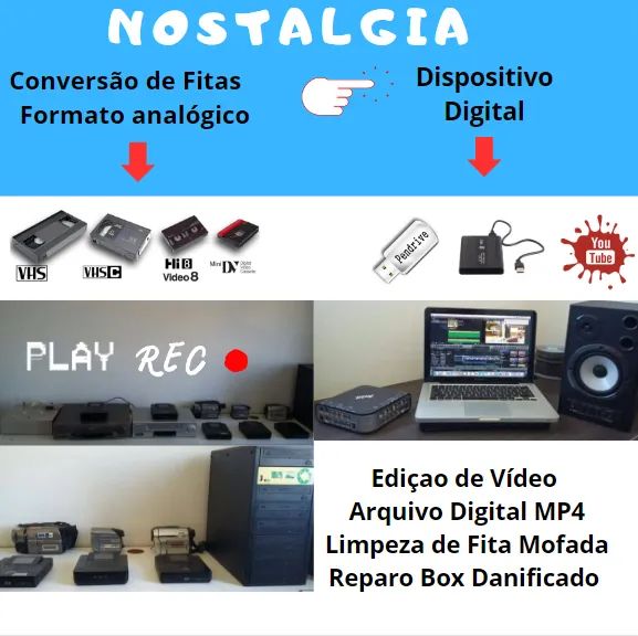 Fita VHS S-VHS Hi 8 converta para Mídia Digital Nostalgia