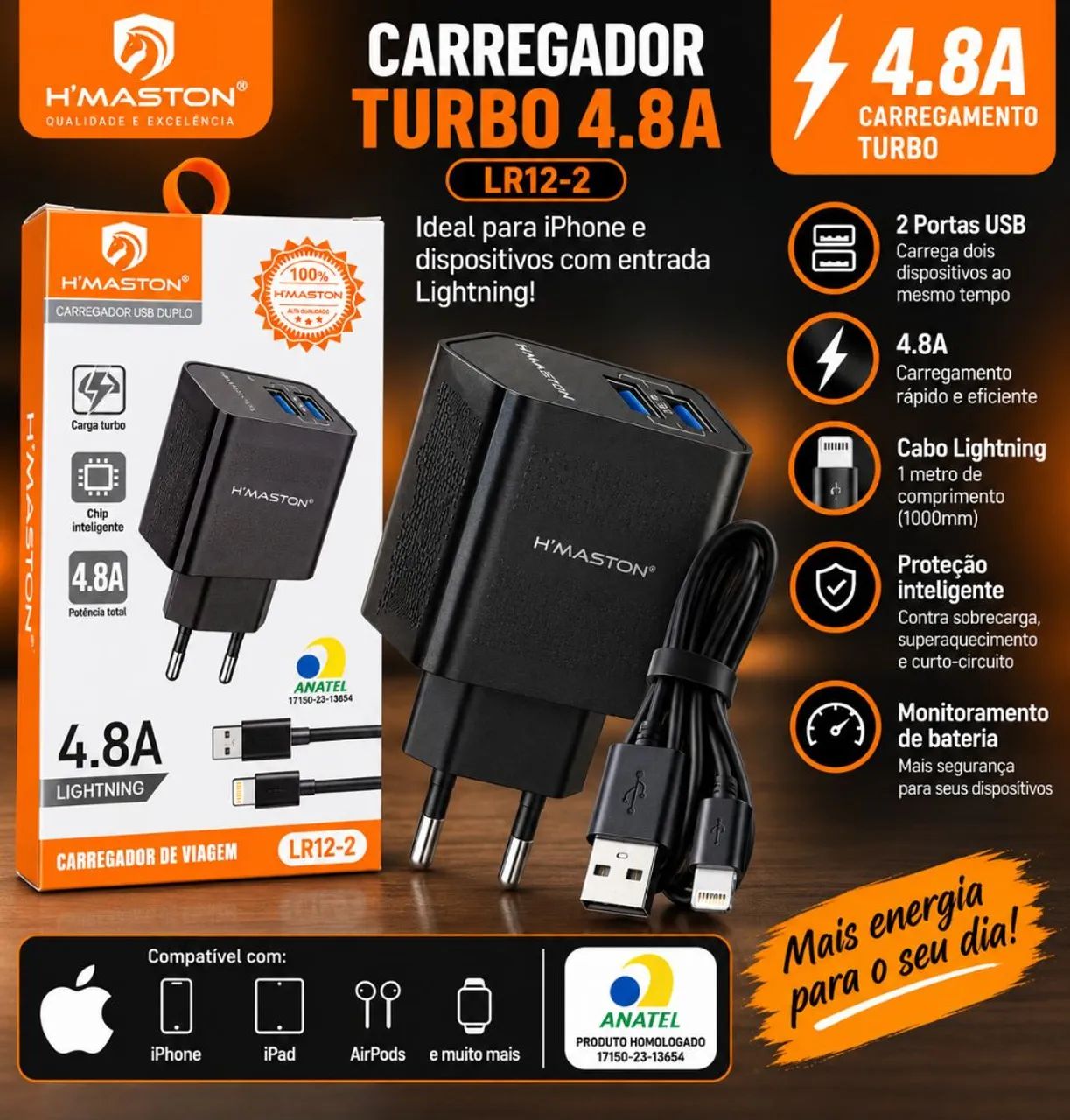Carregador H?Maston Turbo 4.8A para iPhone + Cabo Lightning - 2 USB.