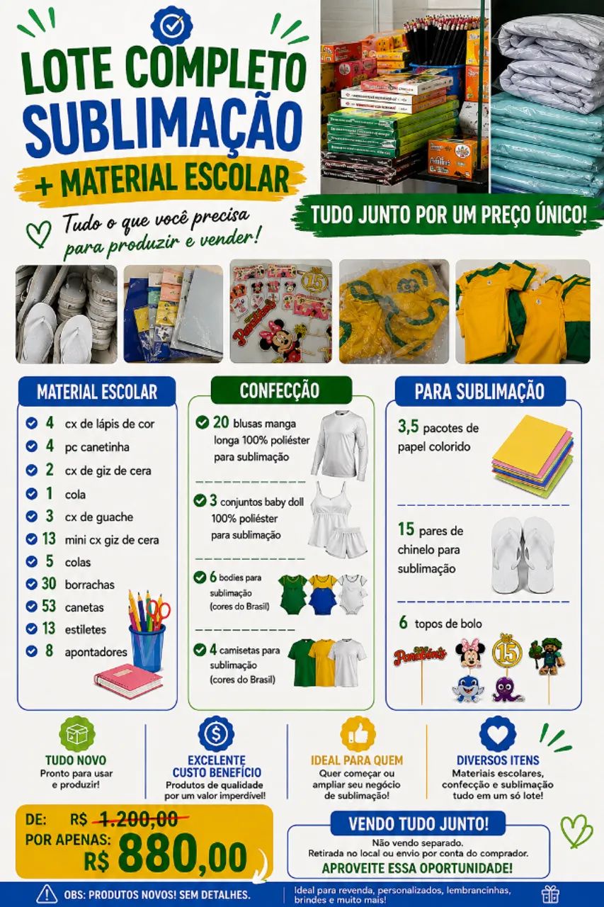 Lote completo para sublimação + material escolar