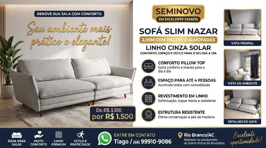  Sofá Slim Nazar 2,52m para 4 pessoas - Cor Linho Cinza Solar