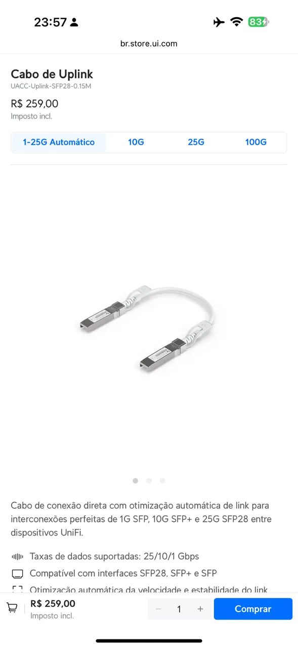 Cabo Dac Uplink Automático 10-25g 15cm UniFi