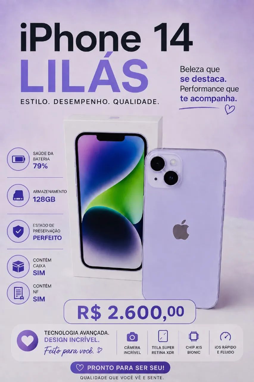 iPhone 14 128GB Cor Lilás - Excelente Estado / Com NF