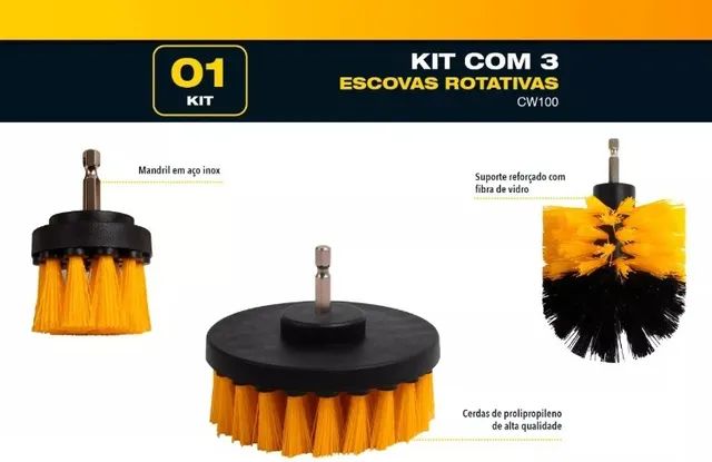 Kit para Furadeira e Parafudadeira de 3 Escovas de Limpeza para Box Sofás Tapetes Estofado