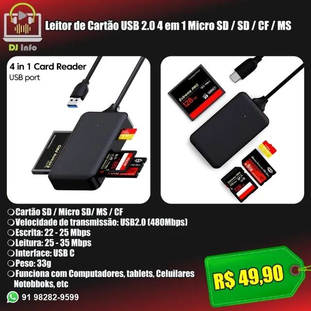 Leitor de Cartão USB 2.0 4 em 1 Micro SD / SD / CF / MS