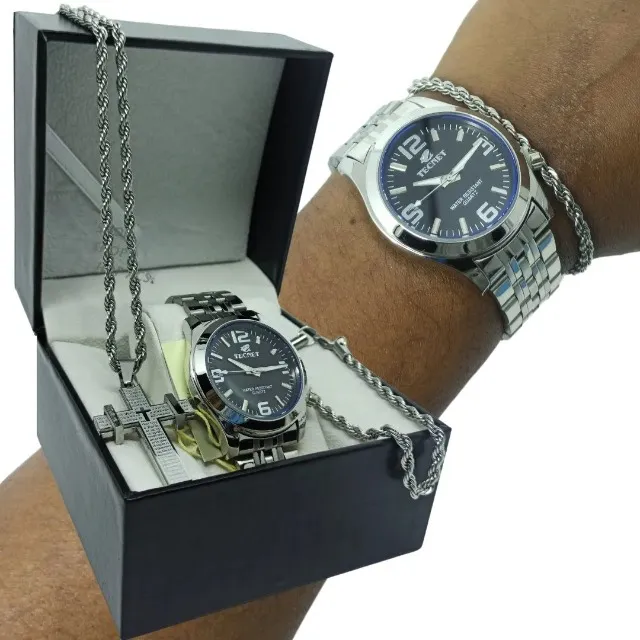 Super Kit Presente Relógio+Colar+Pingente+Pulseira Masculino