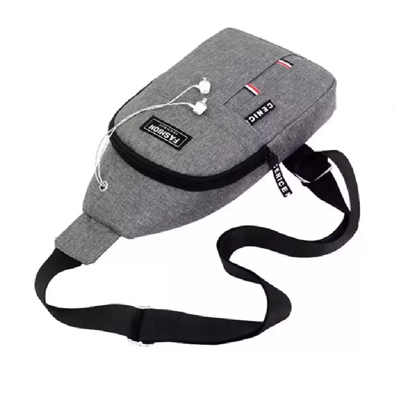 Bolsa transversal cinza unissex com fone de ouvido