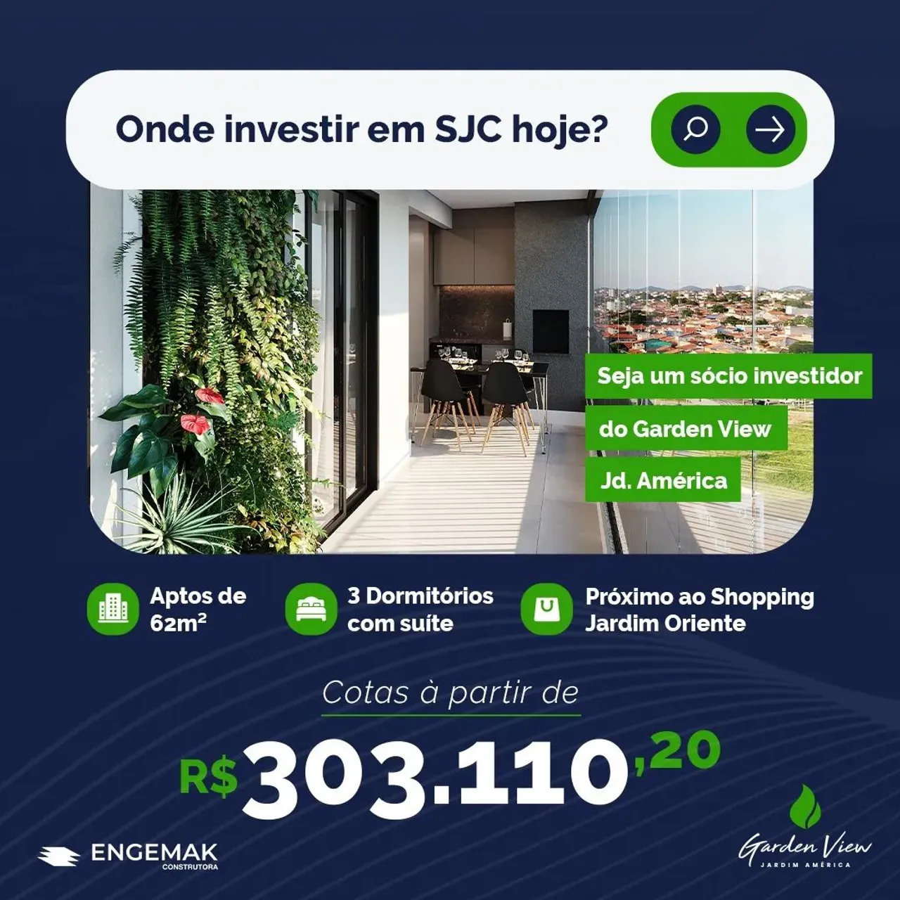 Invista na zona sul de SJC - 62m² com 3 Dormitorios e 1 Suite
