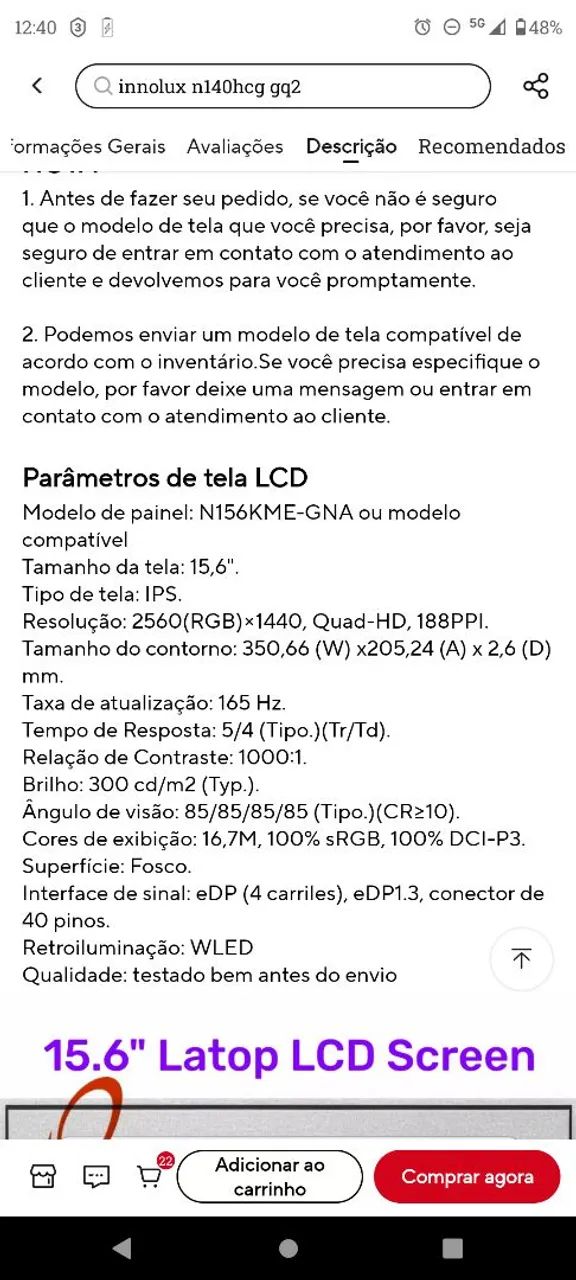 Tela LCD para Notebook Acer nitro 5 15.6'' QHD 2560x1440 40 pinos - Foto 2
