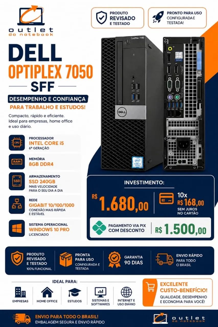 PC Dell 7050 SFF Core i5 8GB SSD Super Rápido + Rede Gigabit
