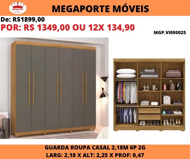 Guarda Roupa Casal 2,18 com 6 Portas 2 Gavetas