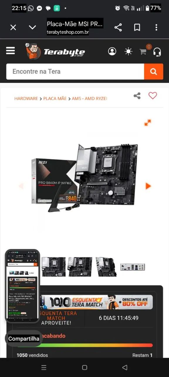 Placa mãe b840 msi wi-fi am5