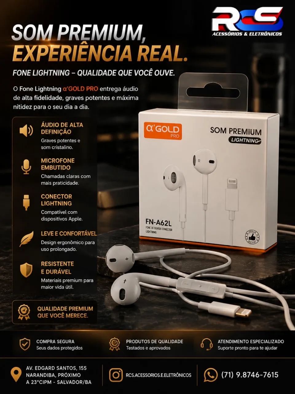 Fone de ouvido Lightning para Iphone A?GOLD