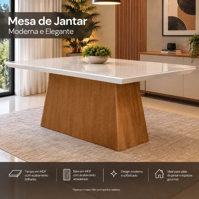 Mesa de jantar com tampo de vidro | 170x130cm | SEM CADEIRAS