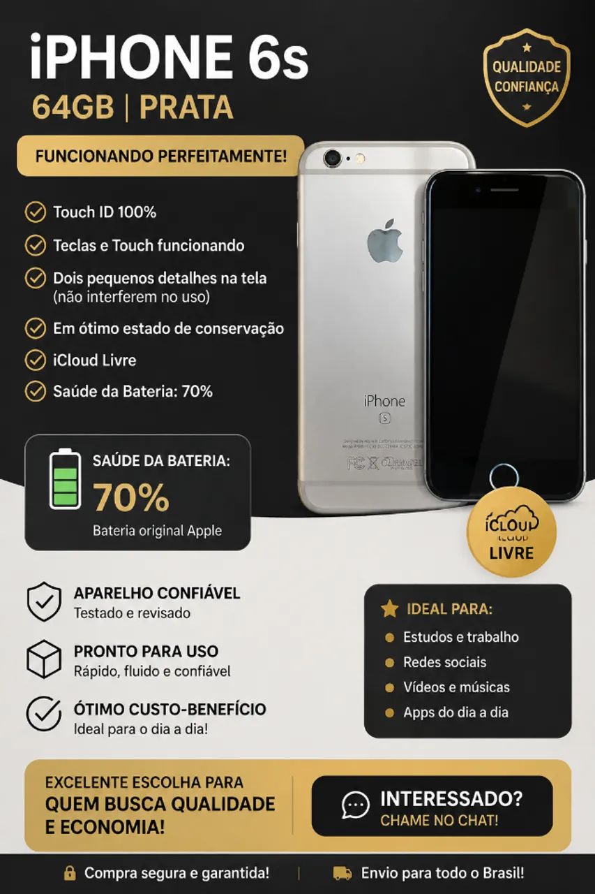 iPhone 6s 32GB Prata - Funcionando Perfeitamente - iCloud Livre