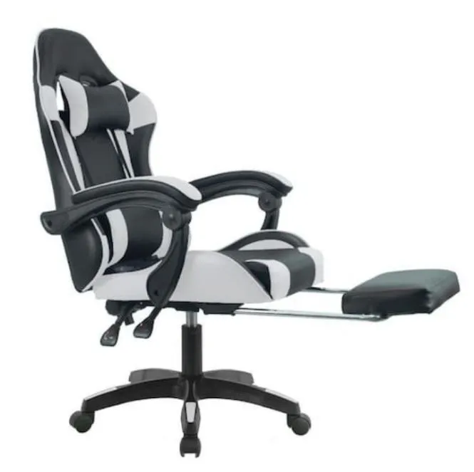 Cadeira Gamer Nova com Descanso para os Pés - Branca e Preta