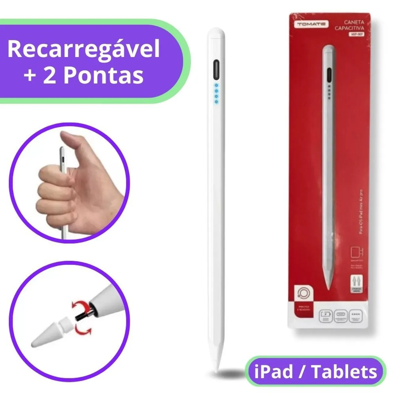 Caneta Capacitiva Recarregável para iPad e Tablets
