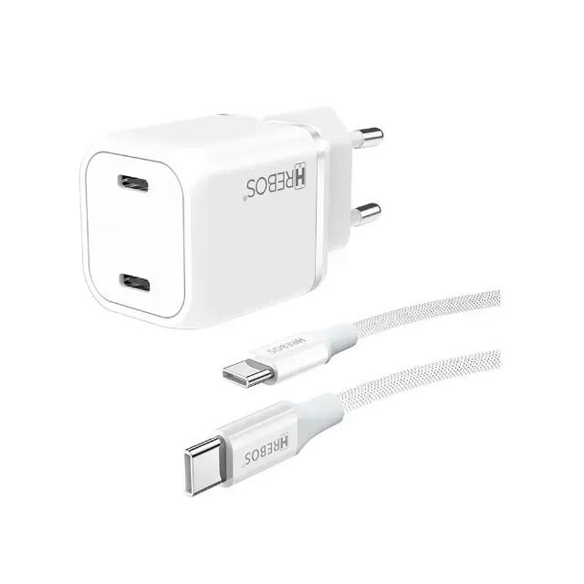 Carregador Hrebos Premium - NOVO, 2 entradas USB-C para USB-C, 33W, com Cabo, Branco - Foto 3