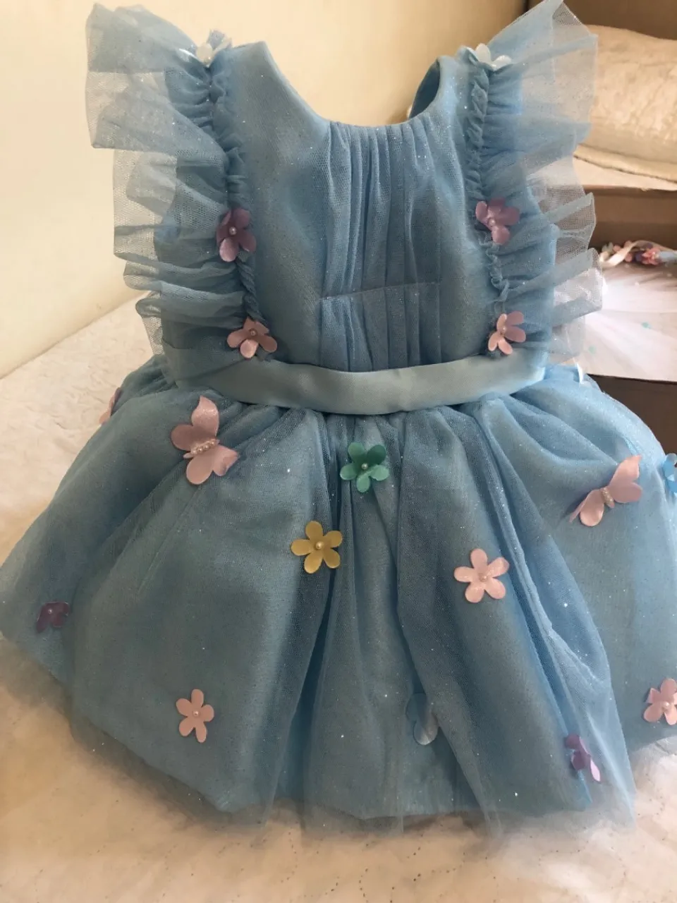Vestido Infantil Azul com Flores e Borboletas