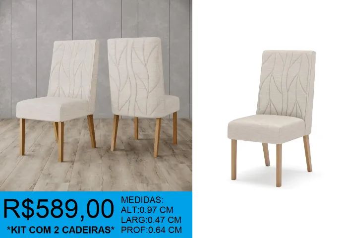 Cadeira estofada em linho lançamento kit com 2 cadeiras - pronta entrega 