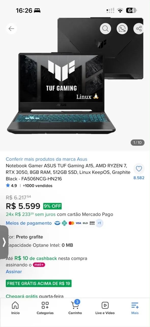 Notebook Gamer ASUS TUF Gaming A15 - Ryzen 7 + RTX 3050