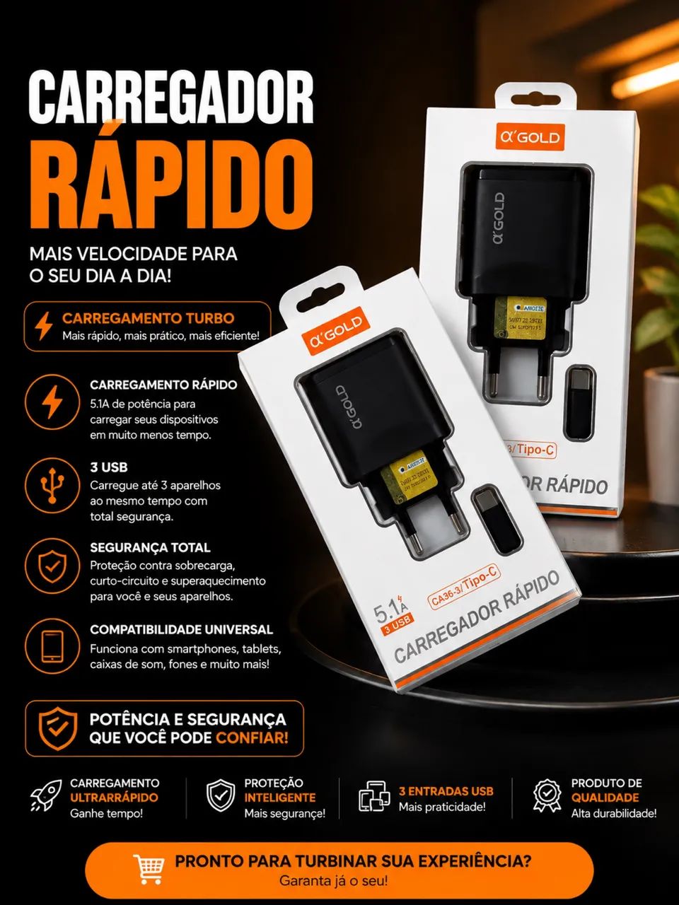Excelente Carregador GOLD tipo C 