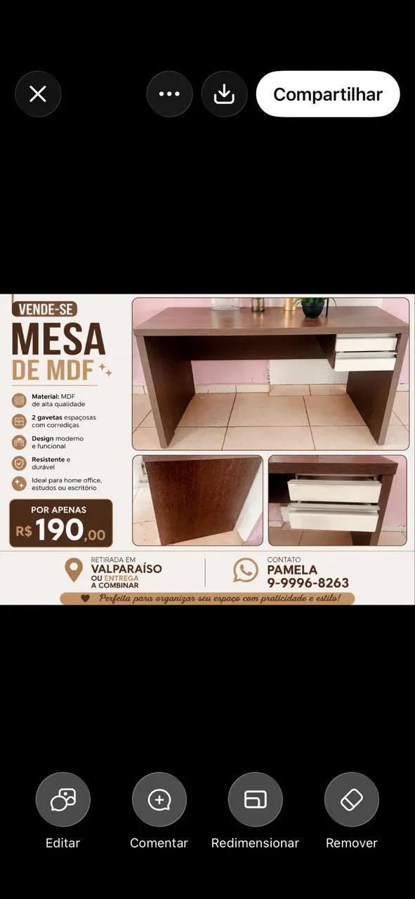 MESA EM MDF COM 2 GAVETAS 