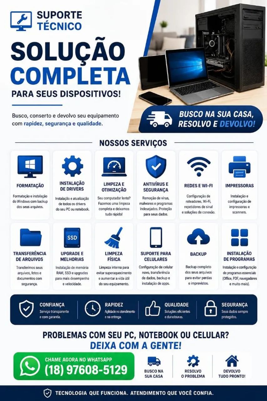 SUPORTE TÉCNICO PARA COMPUTADOR, NOTEBOOK E CELULAR A DOMICÍLIO.