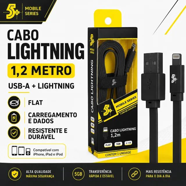 Cabo Lightning USB-A Macho Flat 1,20m Para iPhone iPad Preto Mobile Carregamento e Dados