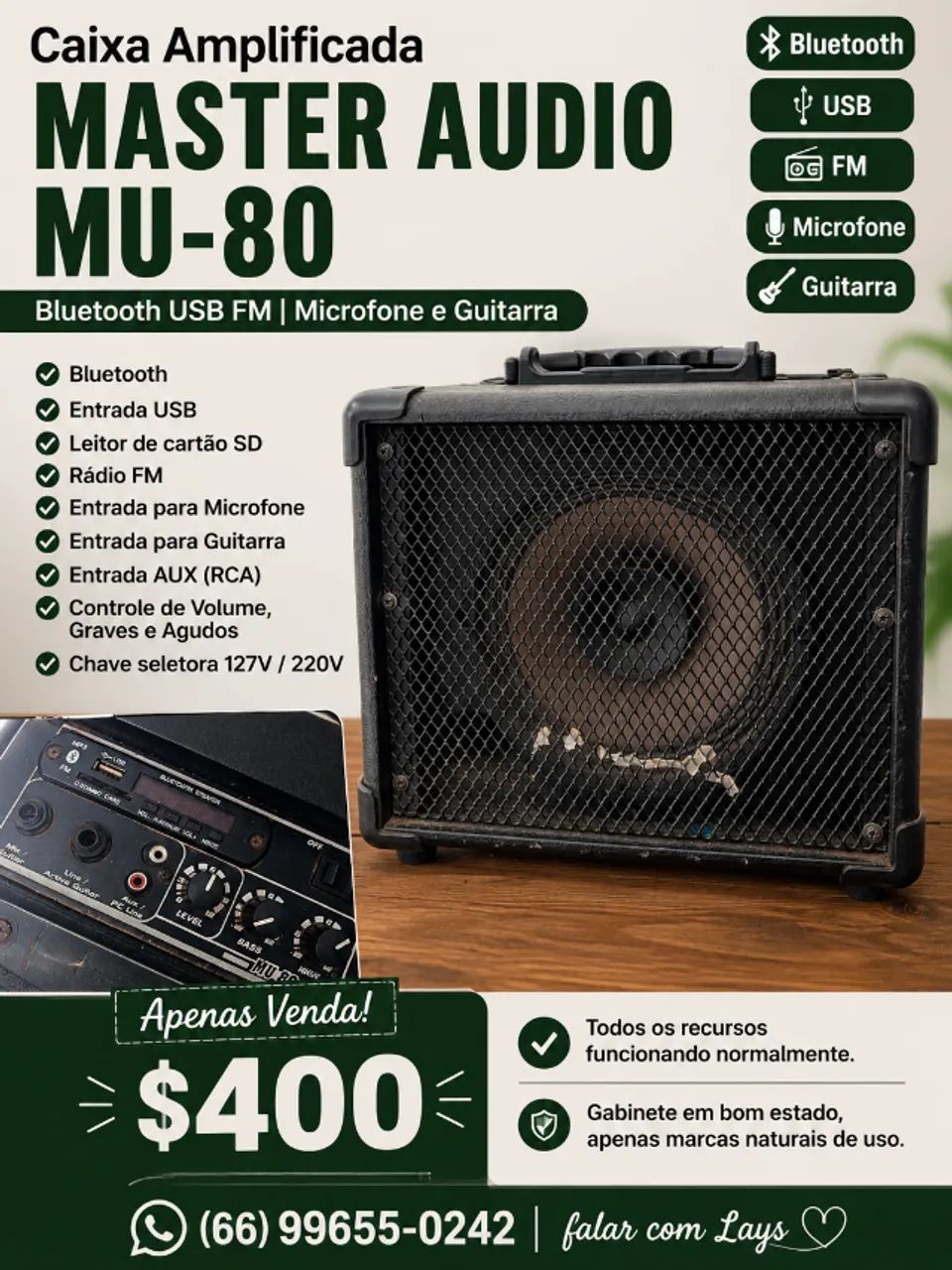 Caixa Amplificada Master Audio MU-80 Bluetooth USB FM | Microfone e Guitarra - Foto 3
