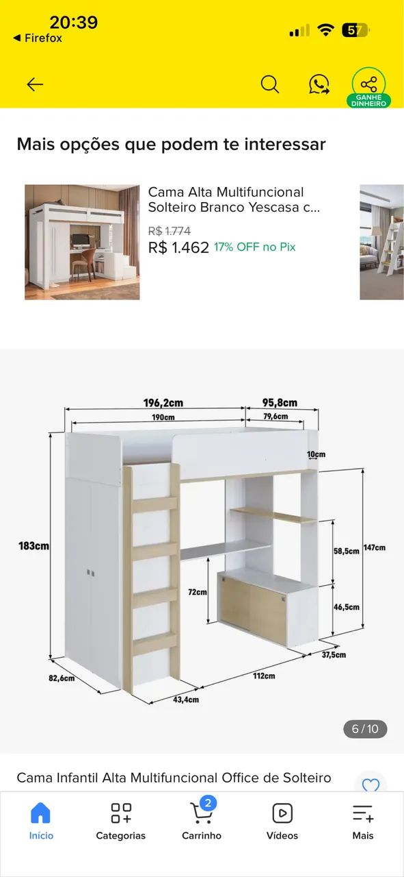 Cama infantil elevada com escrivaninha e roupeiro