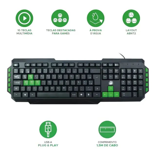 ? Kit Gamer Teclado + Mouse Start 2.0 USB LED ABNT2 Ergonômico PC Notebook Cor Verde - Foto 3