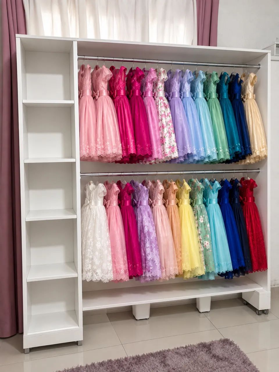 Closet com cabideiro duplo e prateleiras, madeira maciça com rodinhas 