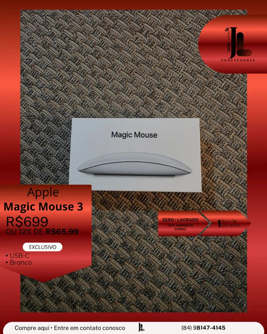 APPLE MAGIC MOUSE 3, BRANCO, USB-C, LACRADO, EXCLUSIVO!