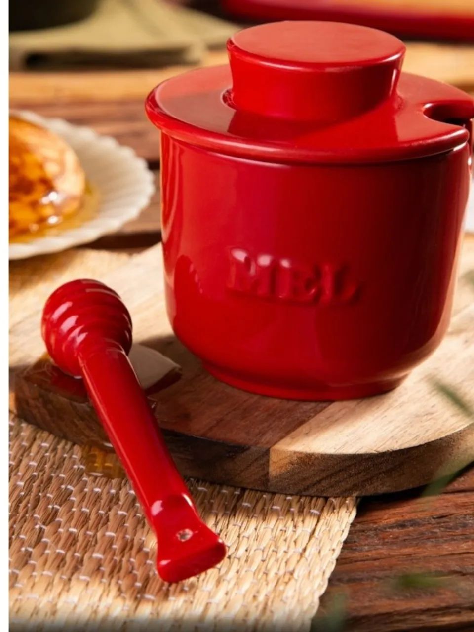 Pote De Mel Com Colher Meleira Cerâmica Vermelho 