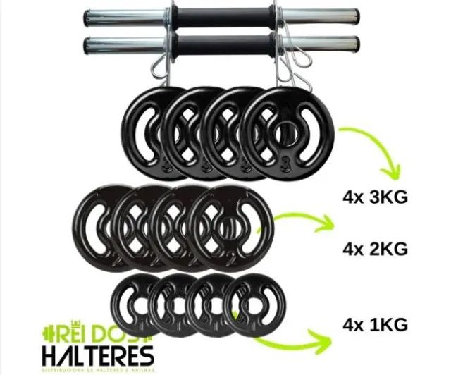 Kit Halteres #6 / 2 Barras Halteres e 24KG Anilhas Emborrachdas Academia