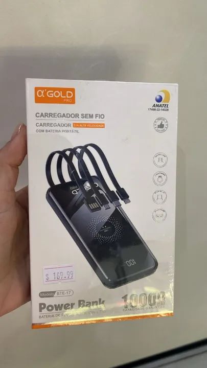 Carregador Portatil - Bateria Power Bank 10.000mAh Com Indução, Função 4 em 1 Gold BTE-17 