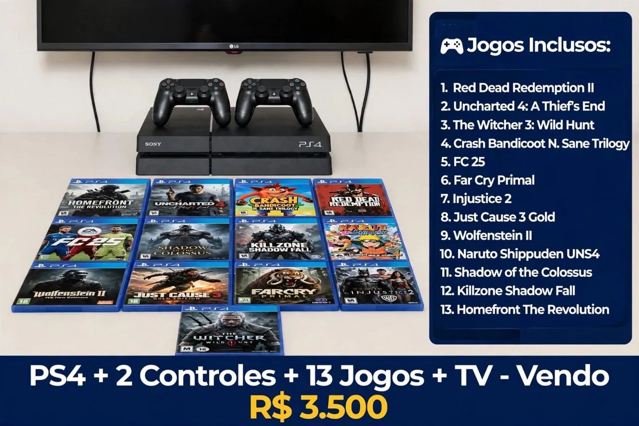 TV + PS4 + CONTROLES + JOGOS
