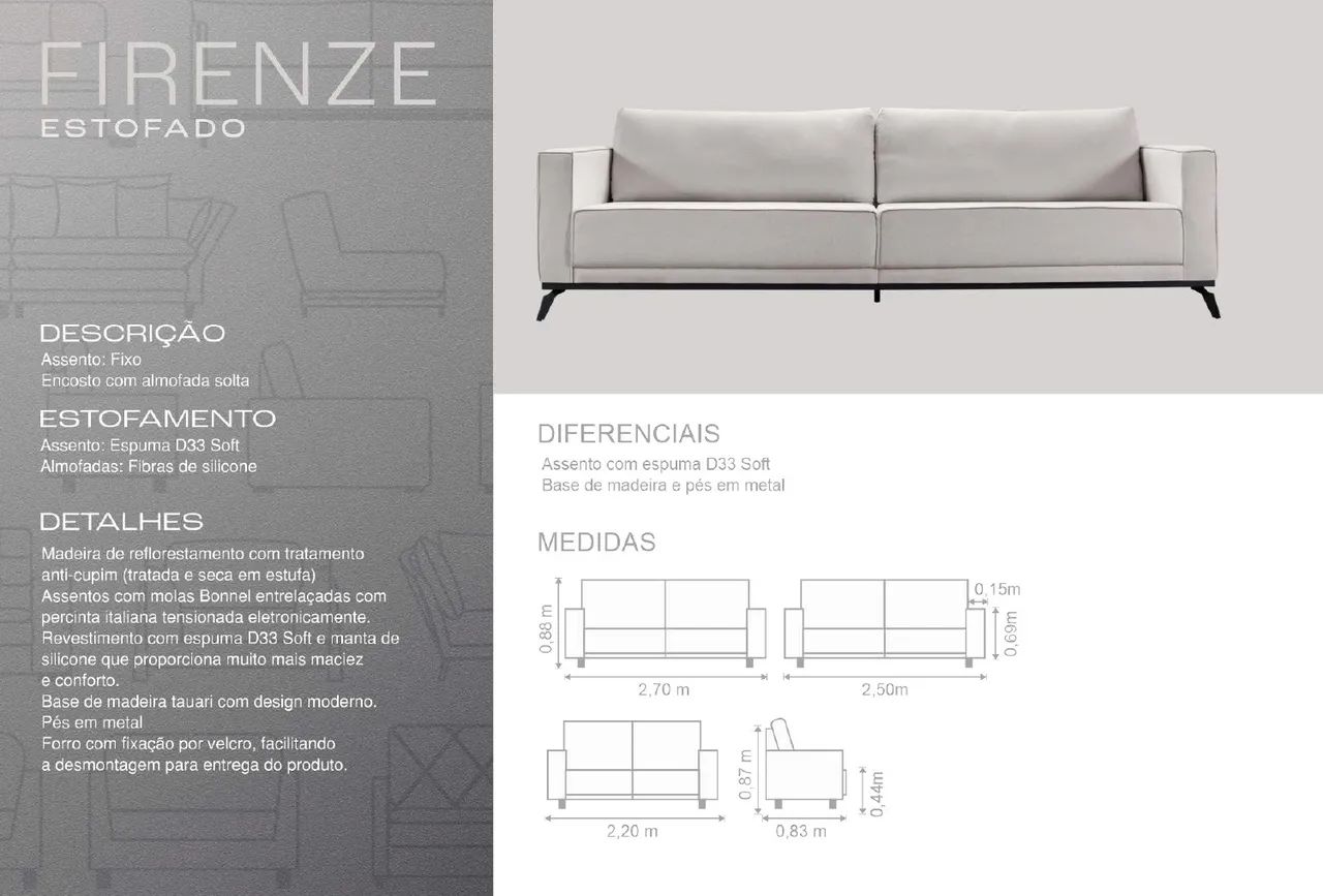 Sofá Bianchi Firenze 2,20m 3 Lugares- Higienizado, Design Moderno (Espuma D33 Soft) - Foto 3