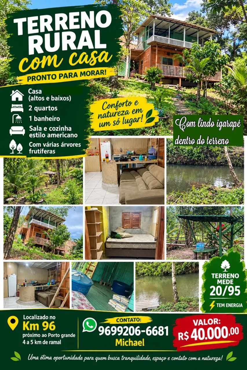 Casa em terreno rural com igarapé 