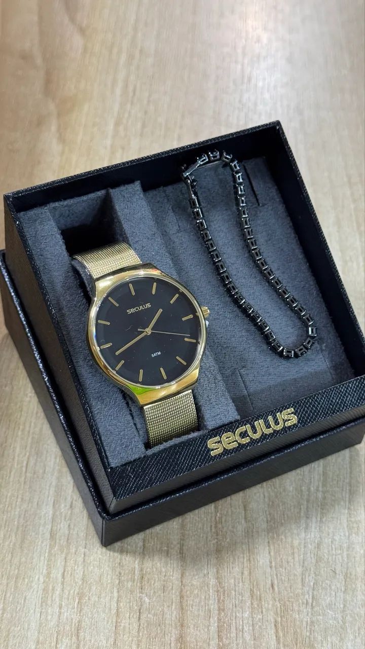 Relógio seculus original 2 anos de garantia dourado 