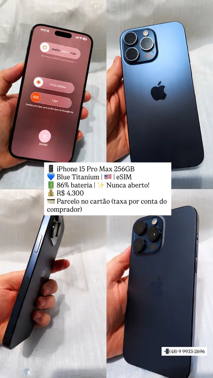 iPhone 15 Pro Max 256GB Blue Titanium | 86% Bateria | R$ 4.300