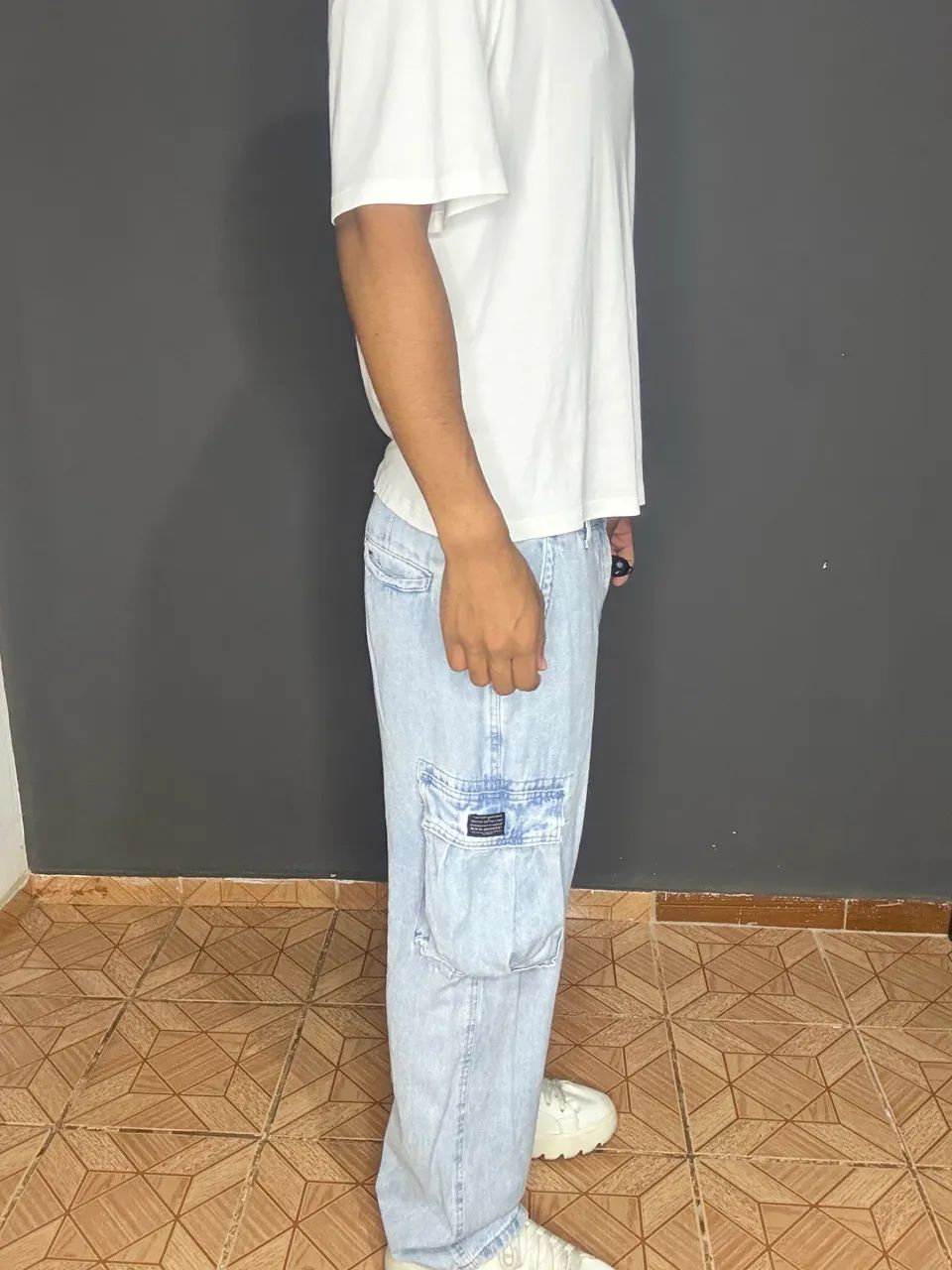 Calça Jeans Cargo Wide Leg Azul - Foto 2