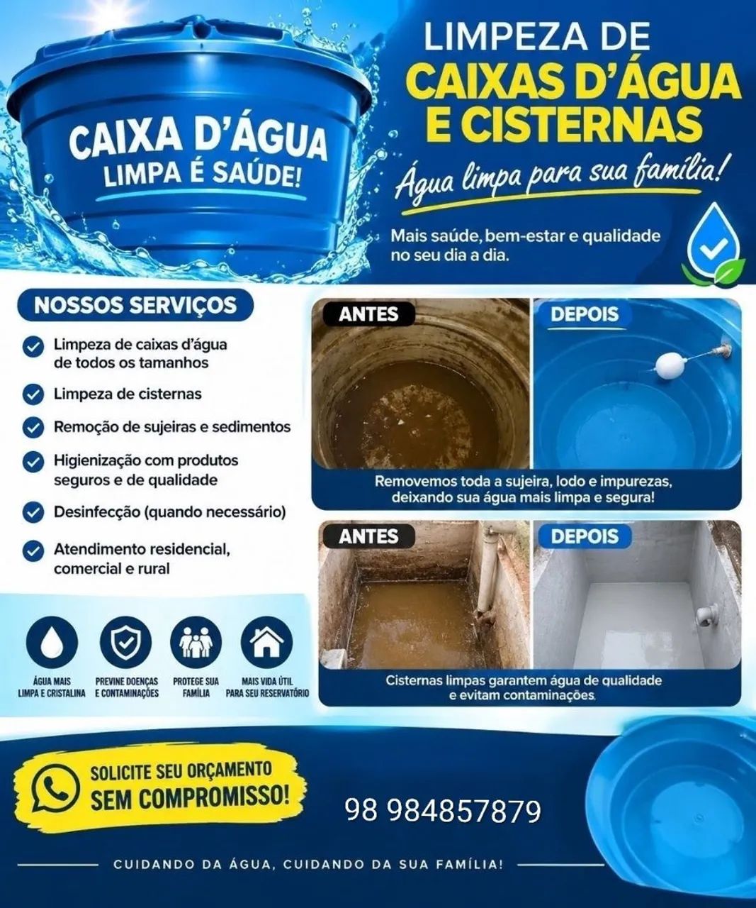 LIMPEZA E HIGIENIZAÇÃO DE CAIXAS D'ÁGUA E CISTERNAS.
